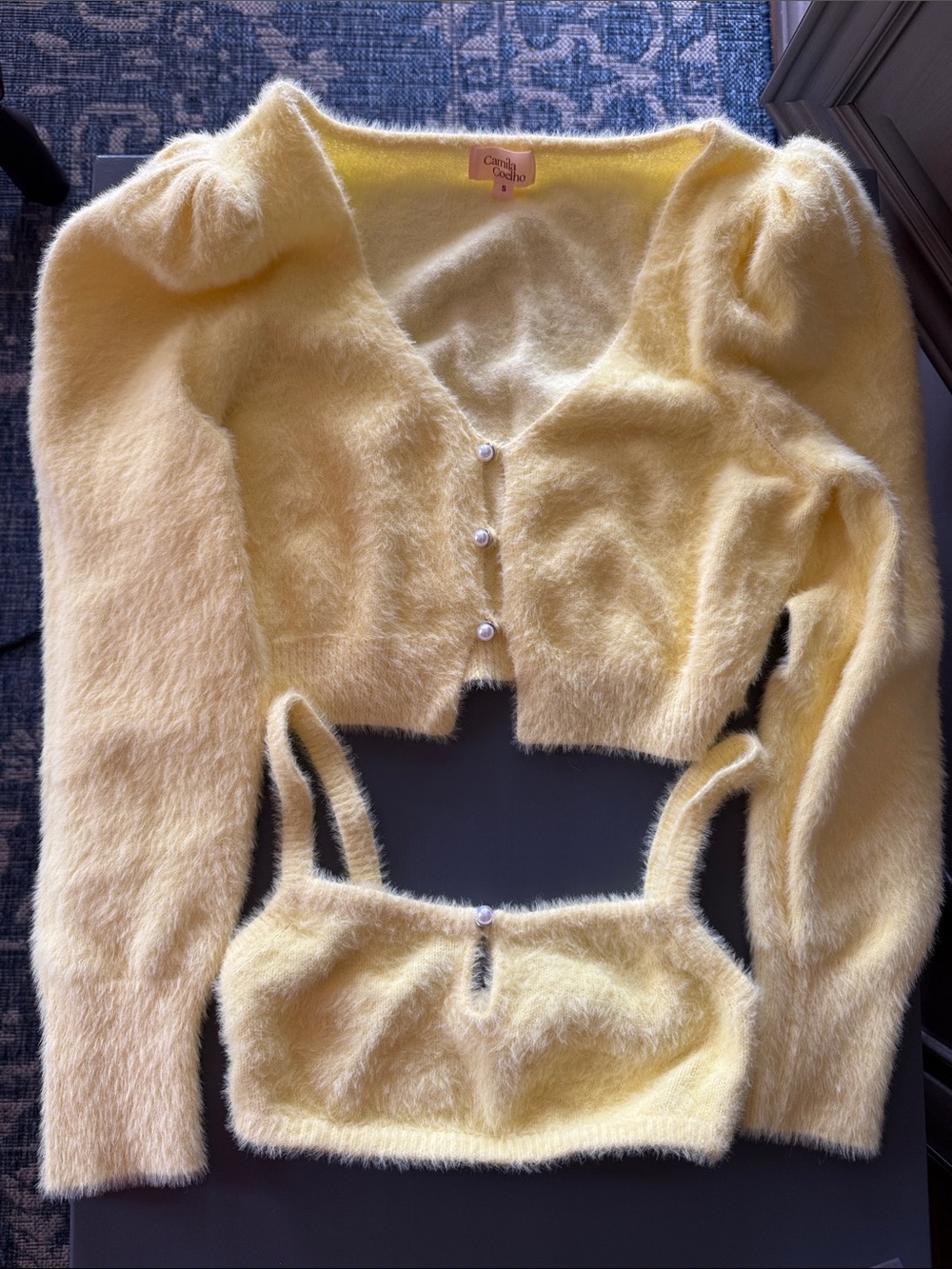Camila coelho Yellow Fuzzy Cropped Cardigan & Tank Set